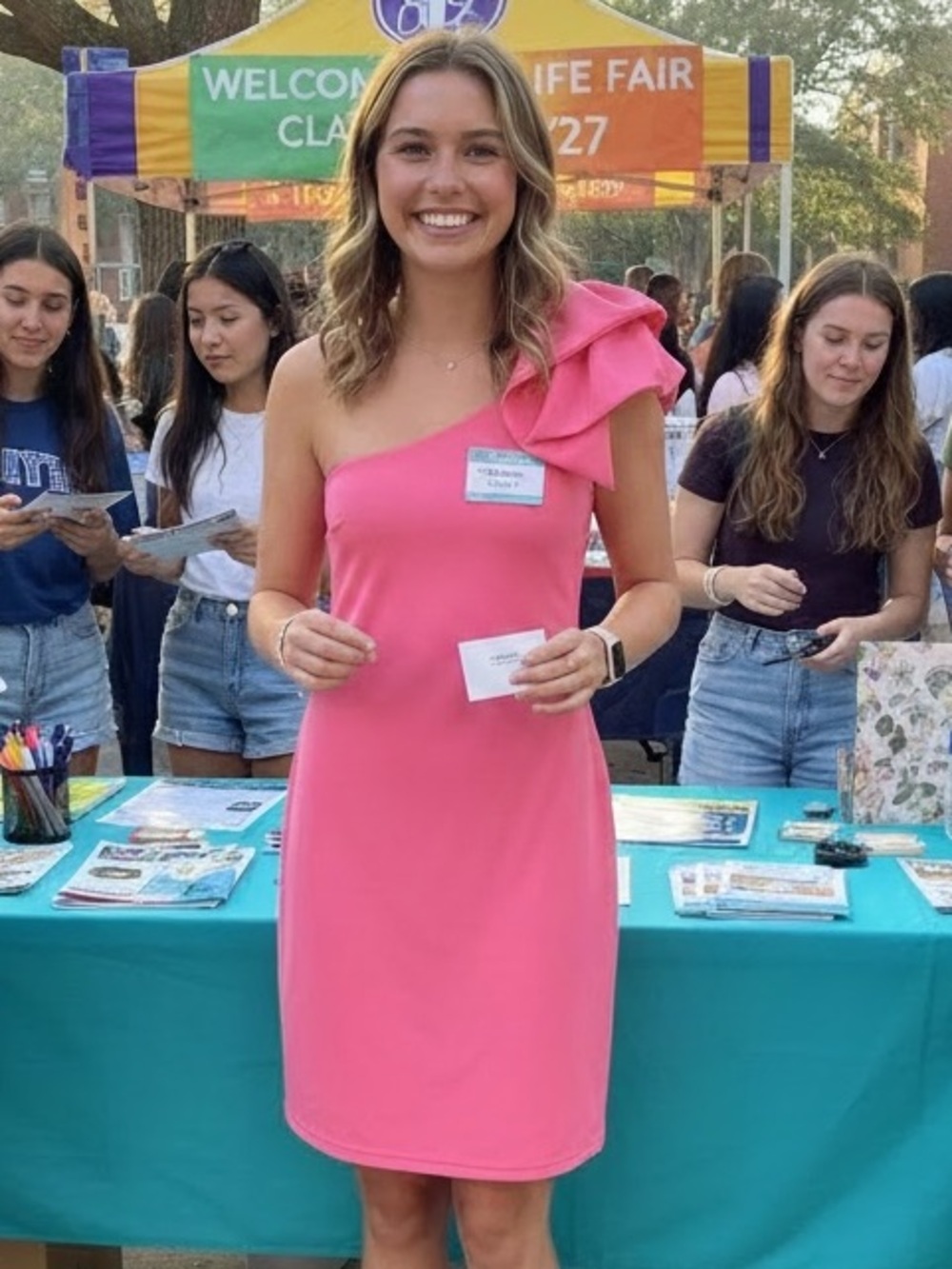 She + Sky. Pink One-Shoulder Ruffle Dress